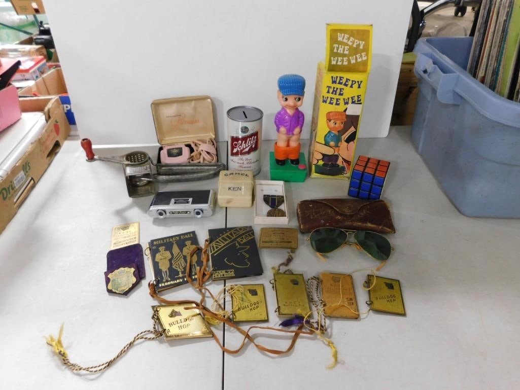 Vintage Smalls incl Sunglasses, Medal, Cigarette Case, Military Items, Schlitz Bank, Novelty Toy, (1 of 8)