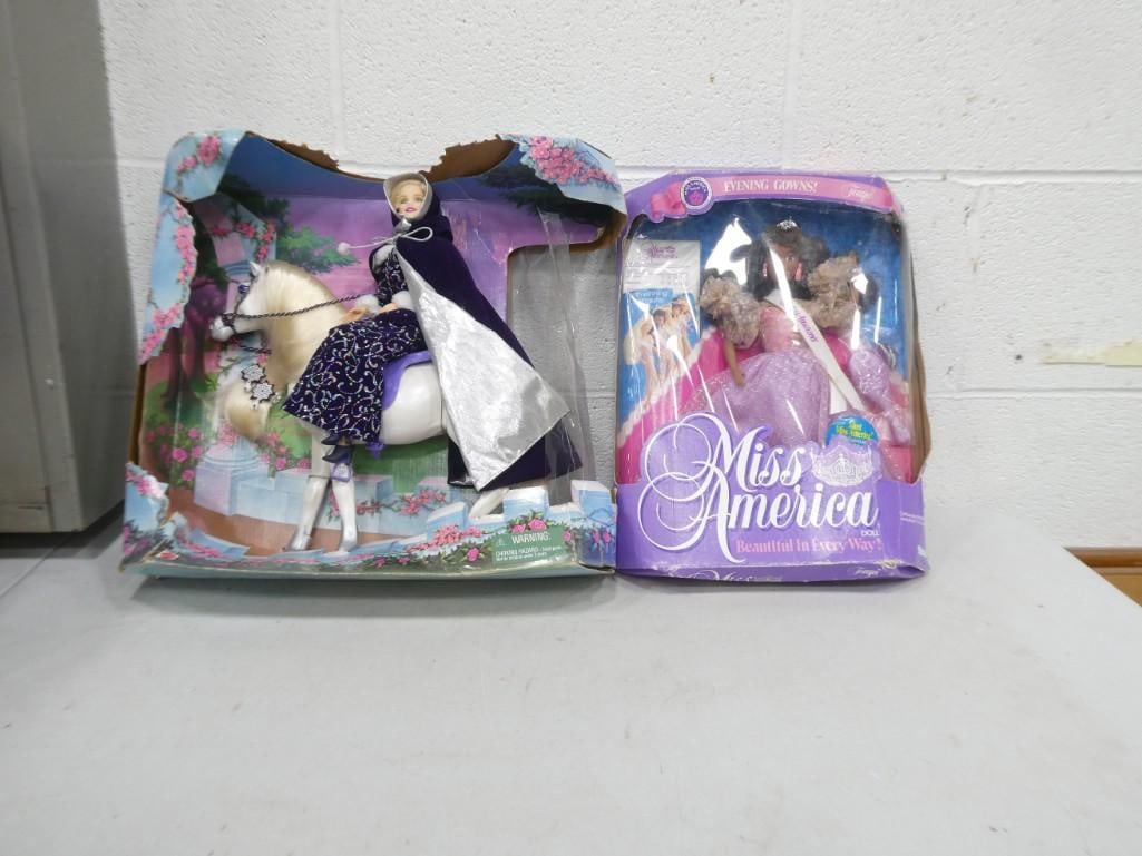 2 Vtg 1990s Royal Romance Barbie & Kenner Miss America Tonya Dolls NIB: Lot of 2 Vintage 1990s Royal Romance Barbie & Kenner Miss America Tonya Dolls . Royal Romance Barbie is new in PARTIAL damaged box. Miss America Tonya is new in damaged box. Includes items shown
