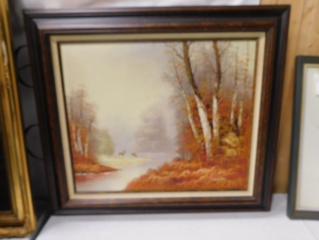 Framed Painting - Stream with Deer Signed Gorman: Framed Painting - Stream with Deer Signed Gorman - Measures roughly 32x29"
