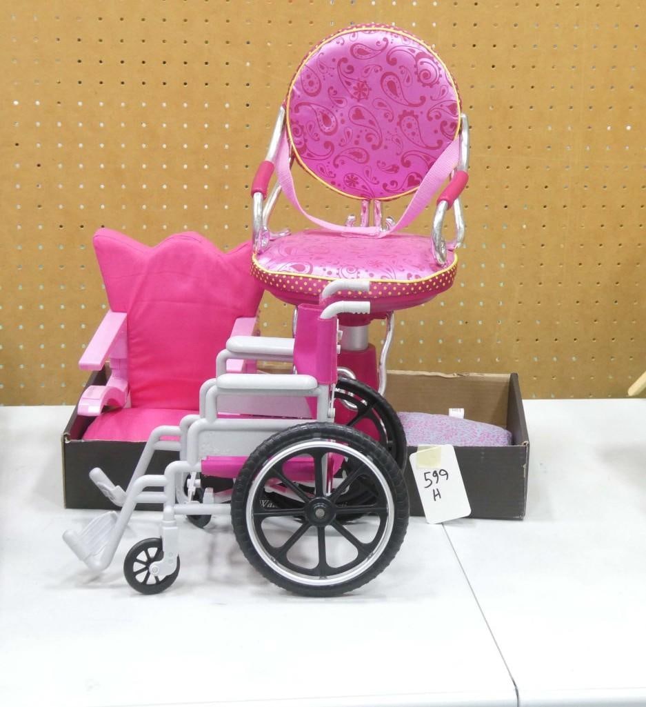 American Girl Sophia's Chair, Our Generation Doll Salon Chair, Doll Crutches, Doll Wheelchair: American Girl Sophia's Chair (clips onto a table), Our Generation Doll Salon Chair, Doll Crutches, Doll Wheelchair