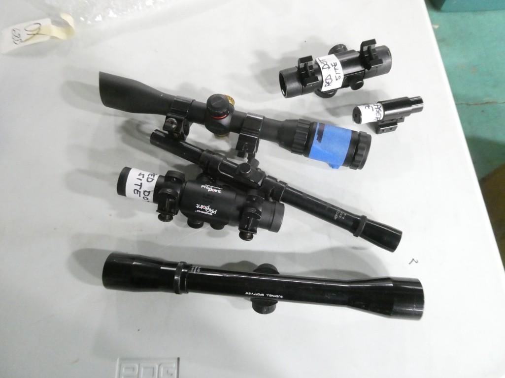 6 Gun Scopes incl Tasco Pro Point, Bushnell Sport View, etc: Lot of 6 Gun Scopes incl Tasco Pro Point, Bushnell Sport View, etc