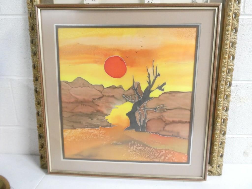 Framed Ink and Gauche on Silk - Red sun desert scene - measures roughly 22x23" (1 of 3)