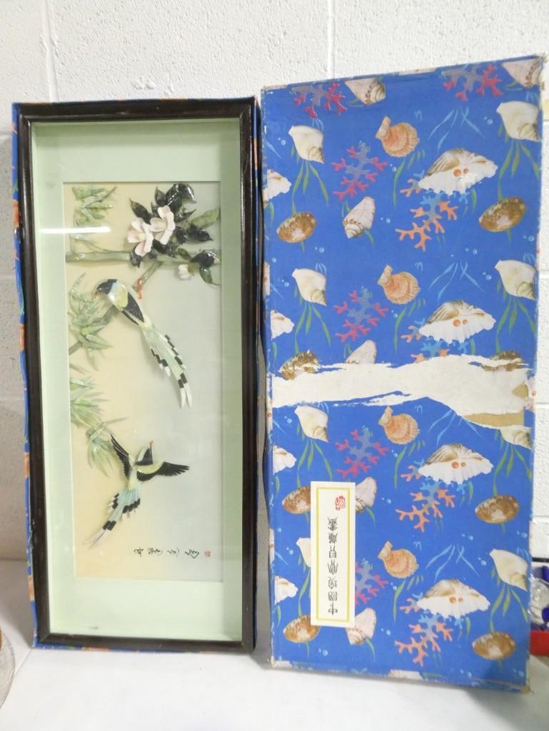 Framed Chinese Glass Bird Art with original box - measures roughly 13x30" (1 of 7)