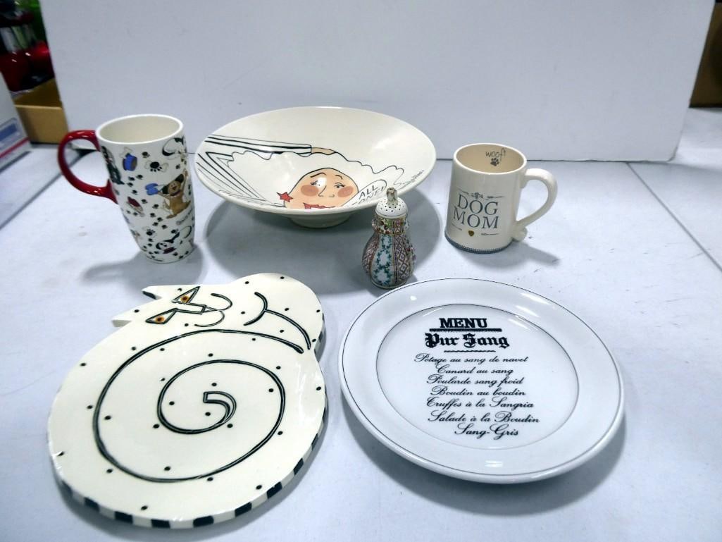 Allison Palmer Artist Signed Cat Plate, Jerry Fenter Signed Bowl, Dog Mugs, etc (1 of 2)