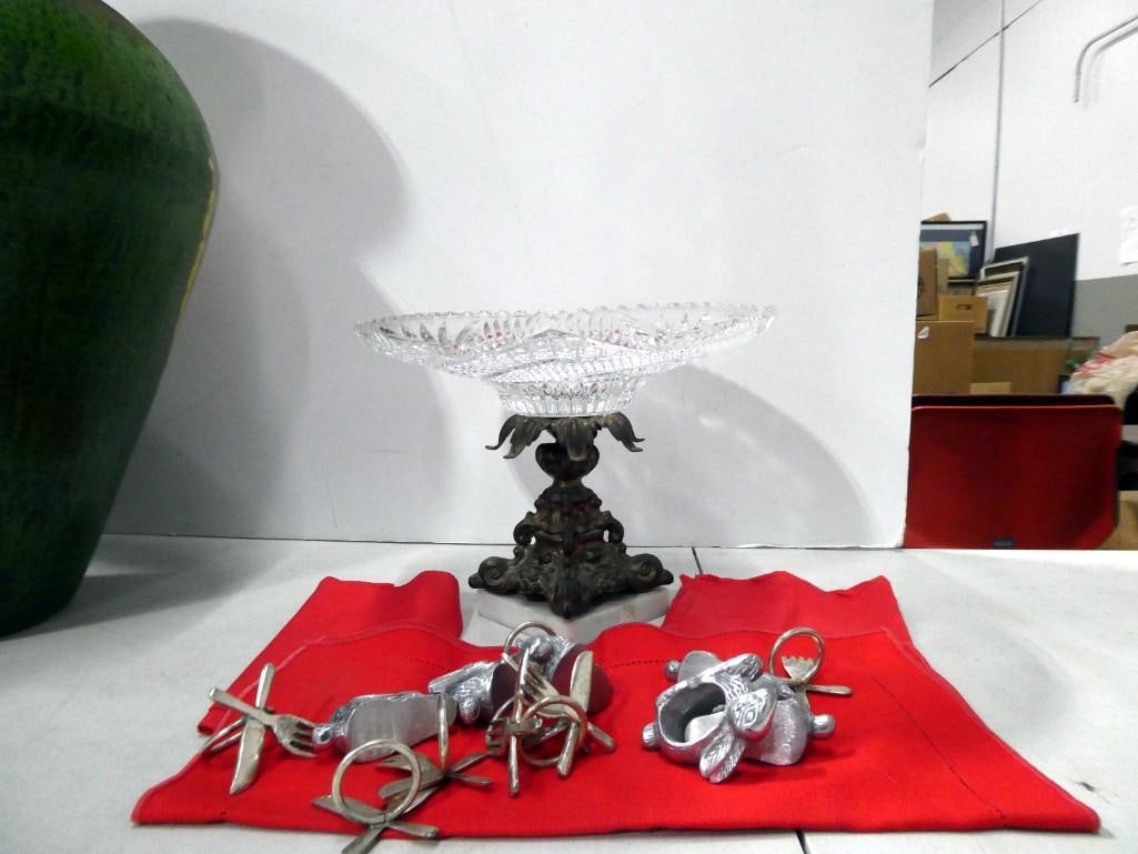 Glass Bowl with Cast Metal and Marble Base and Set of Napkin Rings: Glass Bowl with Cast Metal and Marble Base and Set of Napkin Rings