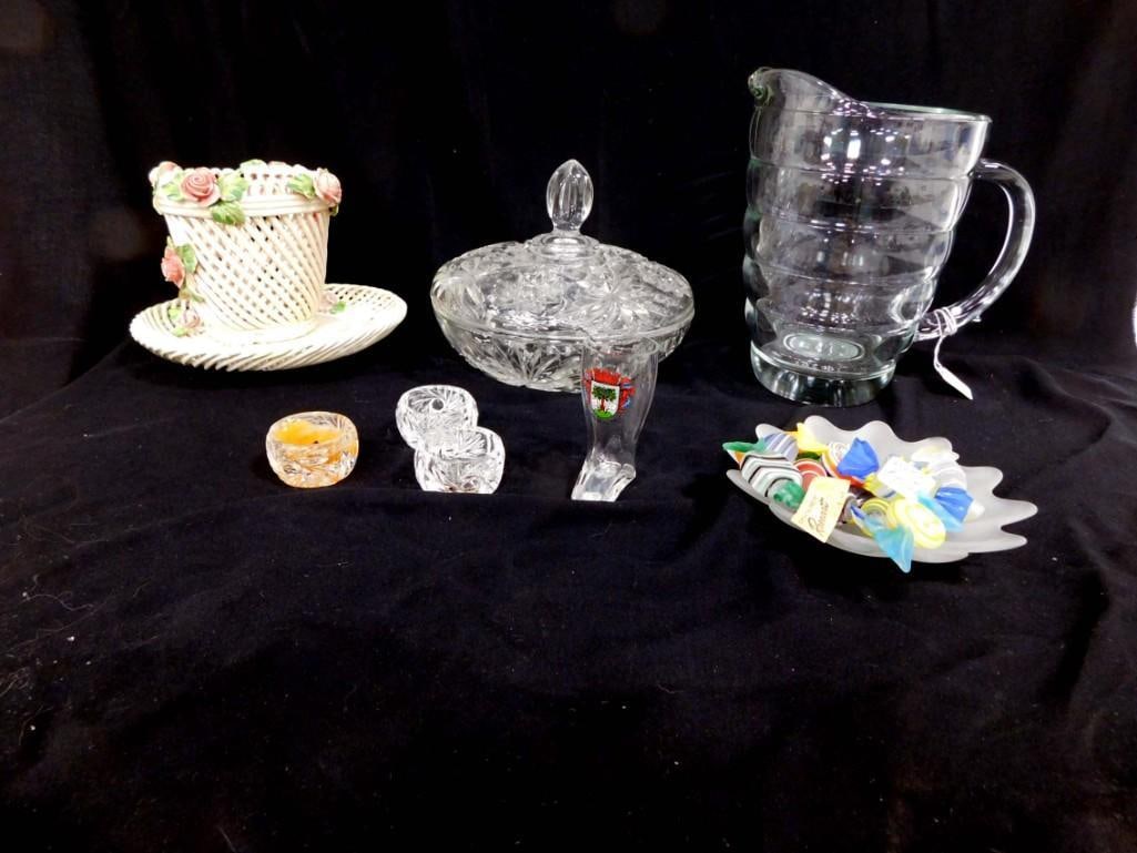 Collectibles incl Art Glass Candy, Beehive Glass Pitcher, Glass Candy Dish with Lid, etc: Collectibles incl Art Glass Candy, Beehive Glass Pitcher, Glass Candy Dish with Lid, etc Condition: ceramic vase and plate has some small chips on the flowers