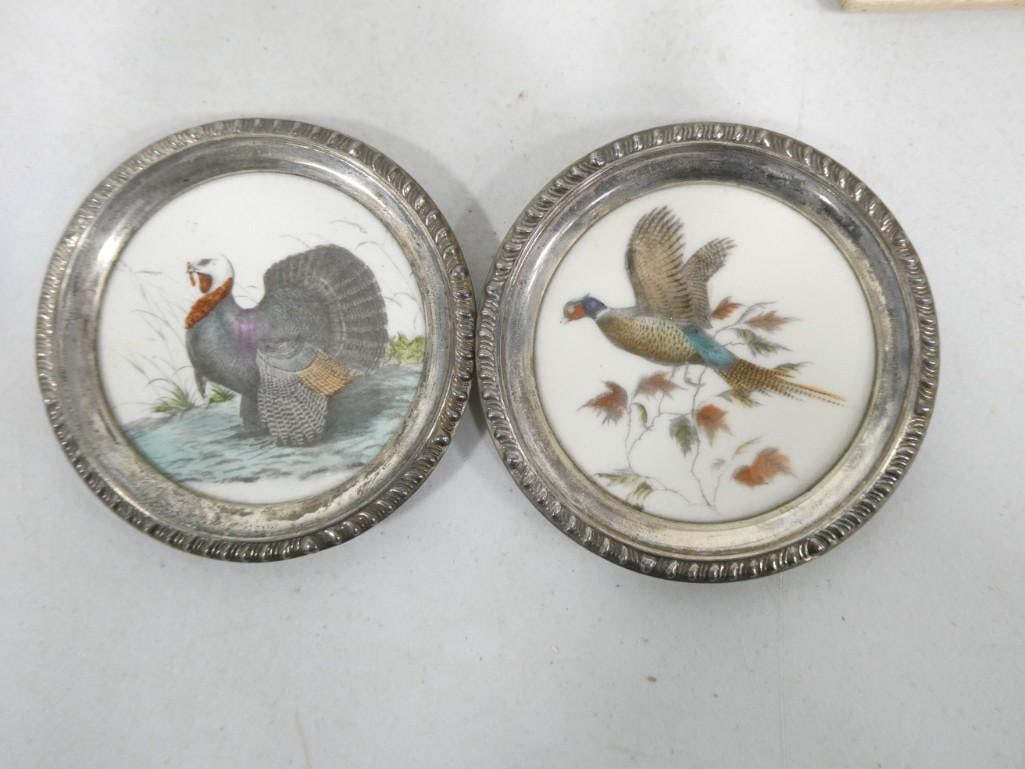2 Vintage Sterling Silver Rimmed Coasters Exclusively For Frank M Whiting Turkey and Pheasant Hand C (1 of 9)