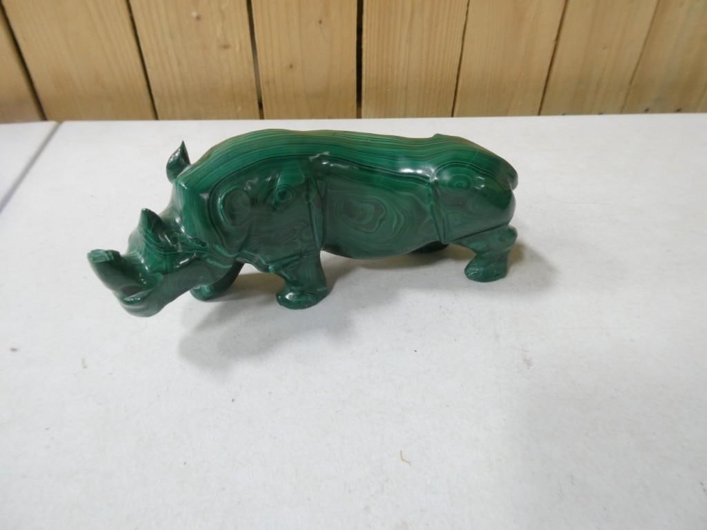 Carved Malachite Rhino Rhinoceros polished stone: Carved Malachite Rhino Rhinoceros polished stone - with paper that says "Arusha Tanzania 1994"