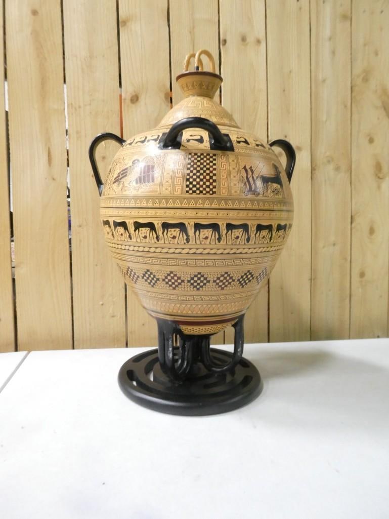 Greek large bulbous form jug decorated on a natural beige ground overall in black with abstr (1 of 9)