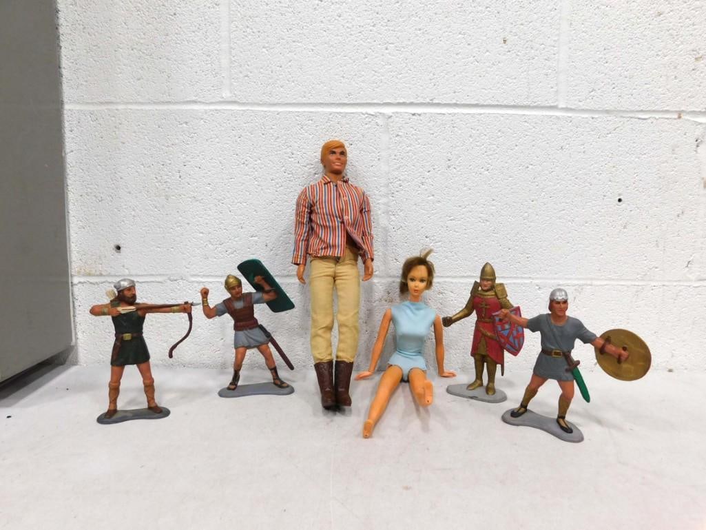 Doll and Figurine Lot including Ken Doll, Gladiator Figurines, etc.: Doll and Figurine Lot including Ken Doll, Vikings Marx Figurines stamped 1963, etc.