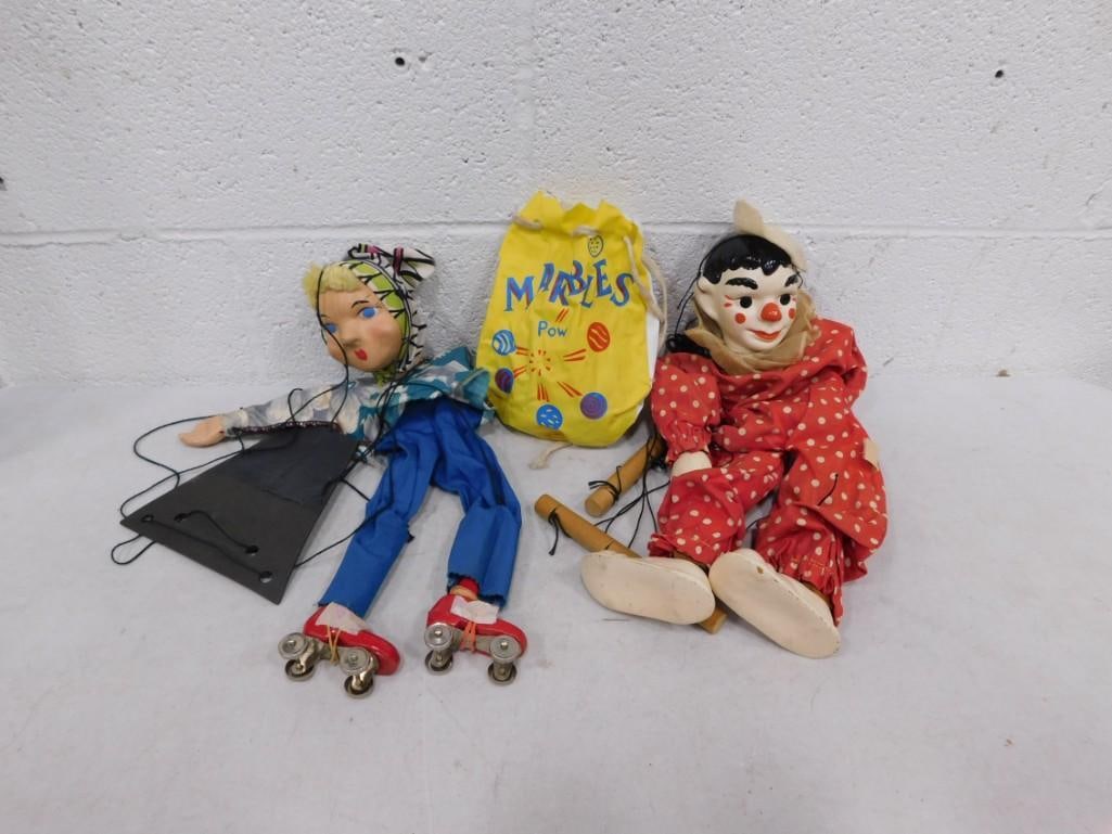 2 Vintage Marionettes and a Bag of Vintage Marbles: 2 Vintage Marionettes and a Bag of Vintage Marbles