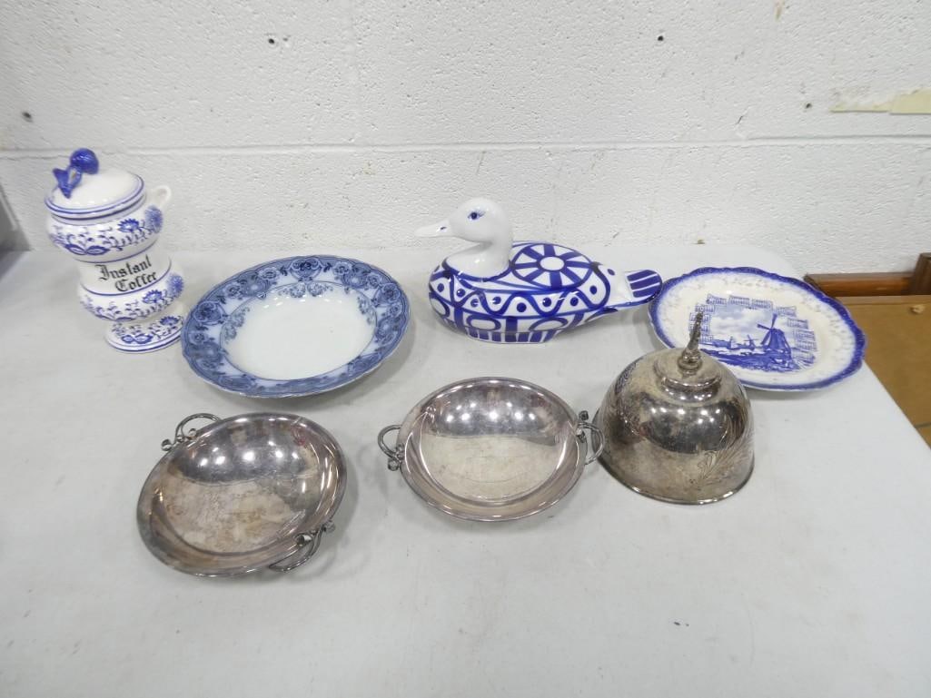 Vintage Silver Plated Items, Blue Onion Coffee Canister, Flow Blue F & Sons Plate, Dansk Duck (1 of 12)