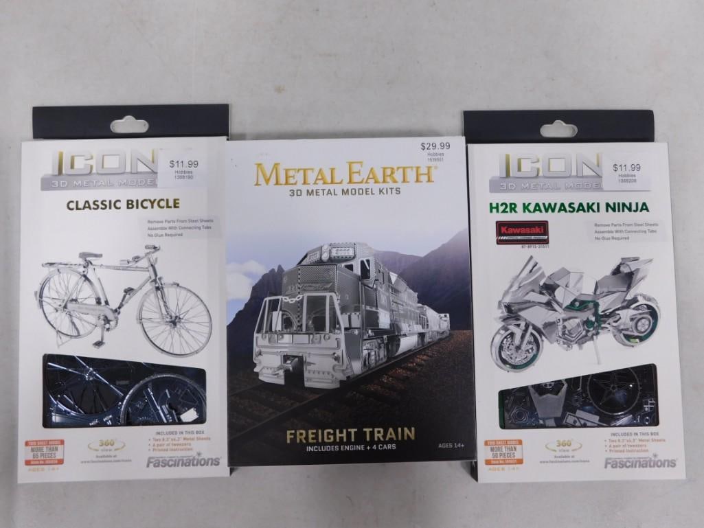 3 Metal Model Kits incl Iconx H2R Kawasaki Ninja, Iconx Classic Bicycle, Metal Earth Freight Train (1 of 4)