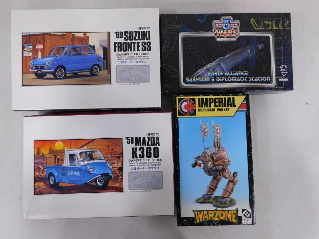 4 Model Kits incl Warzone imperial Hurricane Walker, '58 Mazda K360 1:32nd Scale, '69 Susuki Fronte (1 of 5)