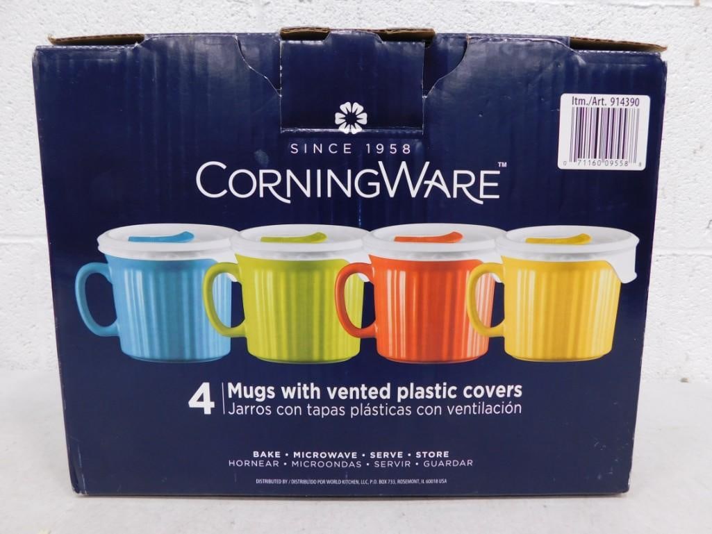 Set of 4 Corning Ware Mugs with Vented Plastic Covers New in Box (1 of 2)