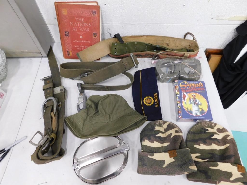 Lot of Army Iems incl US Army Body Belt and Lineman Safety Strap, 2 Korean War Era Army Belts,: Lot of Army Iems incl US Army Body Belt and Lineman Safety Strap, 2 Korean War Era Army Belts, Korean Pistol Belt, Nations at War Vintage Book, Extra Non-army body belt, American Legion Vintage Cap, N