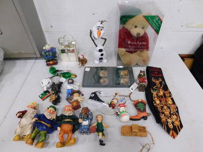 Christmas Lot incl Ralph Lauren Bear Doll New in Box, 3 Elf Figures, Bob Ross Ornament, Snowman Orna: Christmas Lot incl Ralph Lauren Bear Doll New in Box, 3 Elf Figures, Bob Ross Ornament, Snowman Ornaments, etc