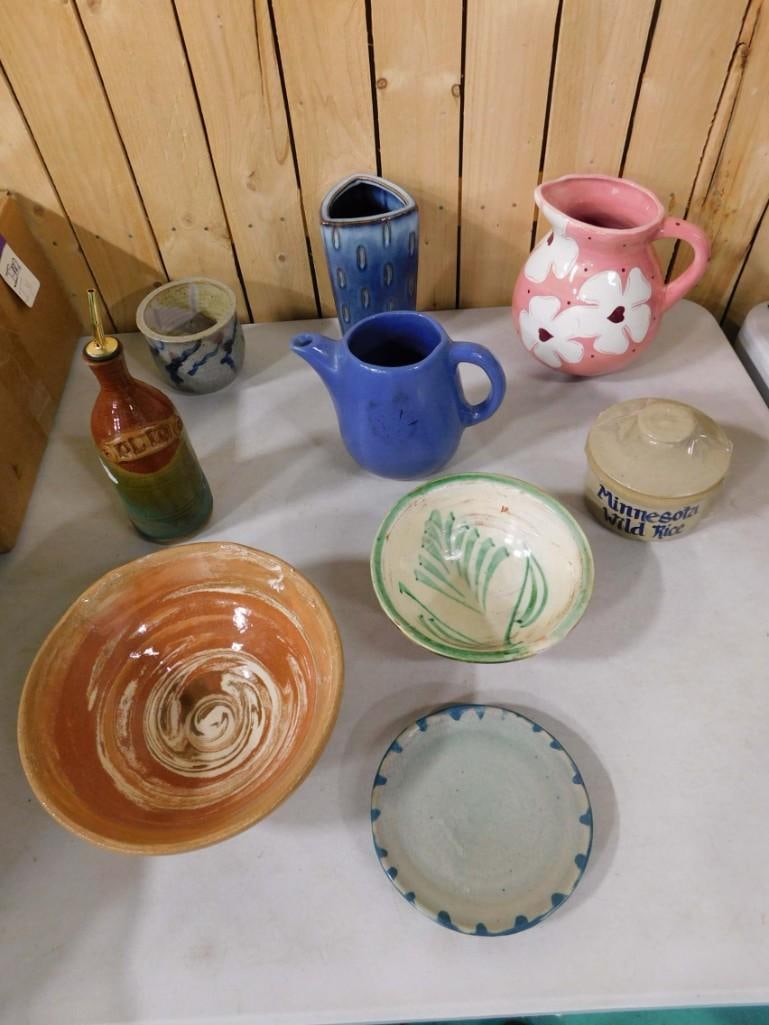 Pottery Lot incl Signed, Stoneware, etc incl 2 Pitchers, 1 Bottle, (1 of 6)