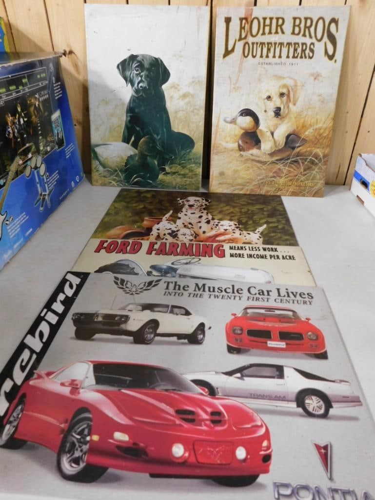 Lot of assorted metal signs including Leohr Bros Outfitters - dogs, Ford Farming, Pontiac Muscle Car (1 of 5)