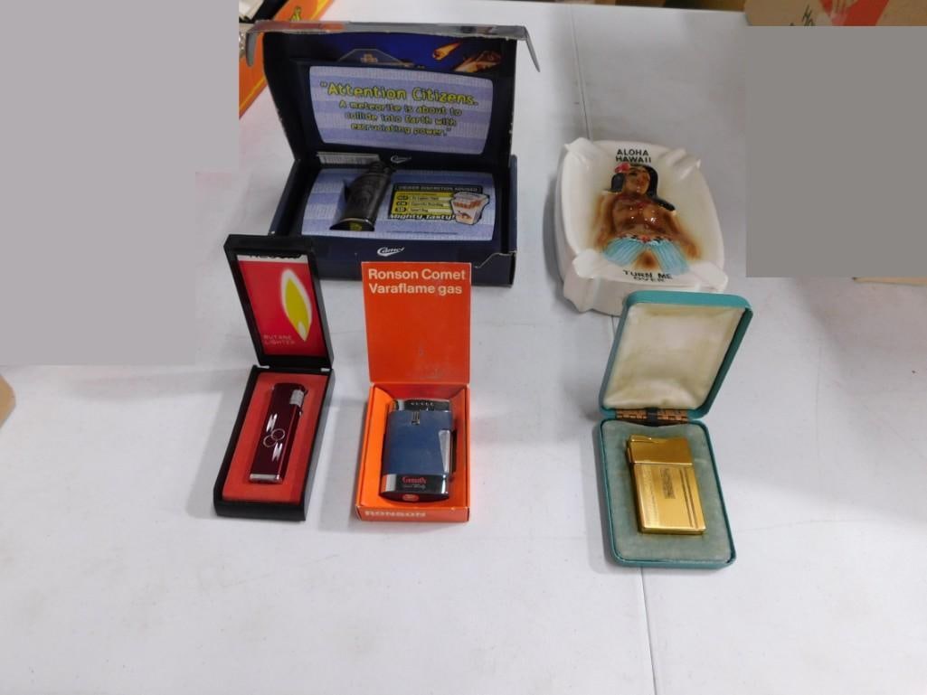 Lighter and Ashtray Lot including Risque Hawaii Ashtray, Ronson Comet Varaflame, Butane Lighter (1 of 5)