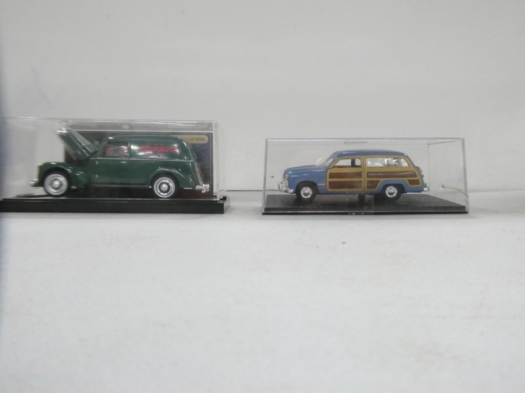 1/24 Scale Die Cast Cars including Ford Woody Wagon, Menards Ford 1940: 1/24 Scale Die Cast Cars including Ford Woody Wagon, Menards Ford 1940 - both measure roughly 5" across.