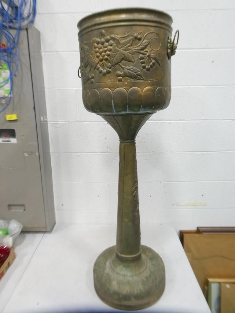 Large Floor Standing Jardiniere or Planter Embossed Brass 47" Tall (1 of 8)