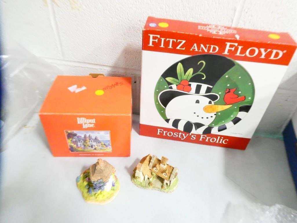 Fitz and Floyd Frosty's Frolic Plate with box and David Winter Lilliput Lane Ceramic Houses (1 of 7)