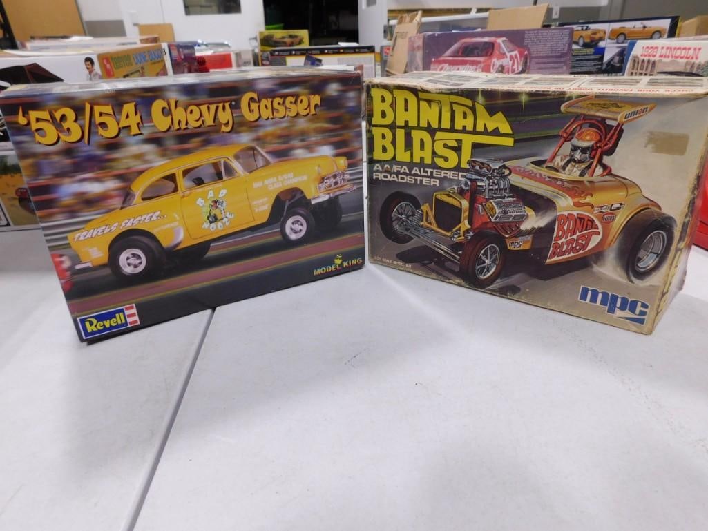 2 Model Car Kits incl MPC Bantam Blast and Revell '53/54 Chevy Gasser.  Both are in open boxes (1 of 8)