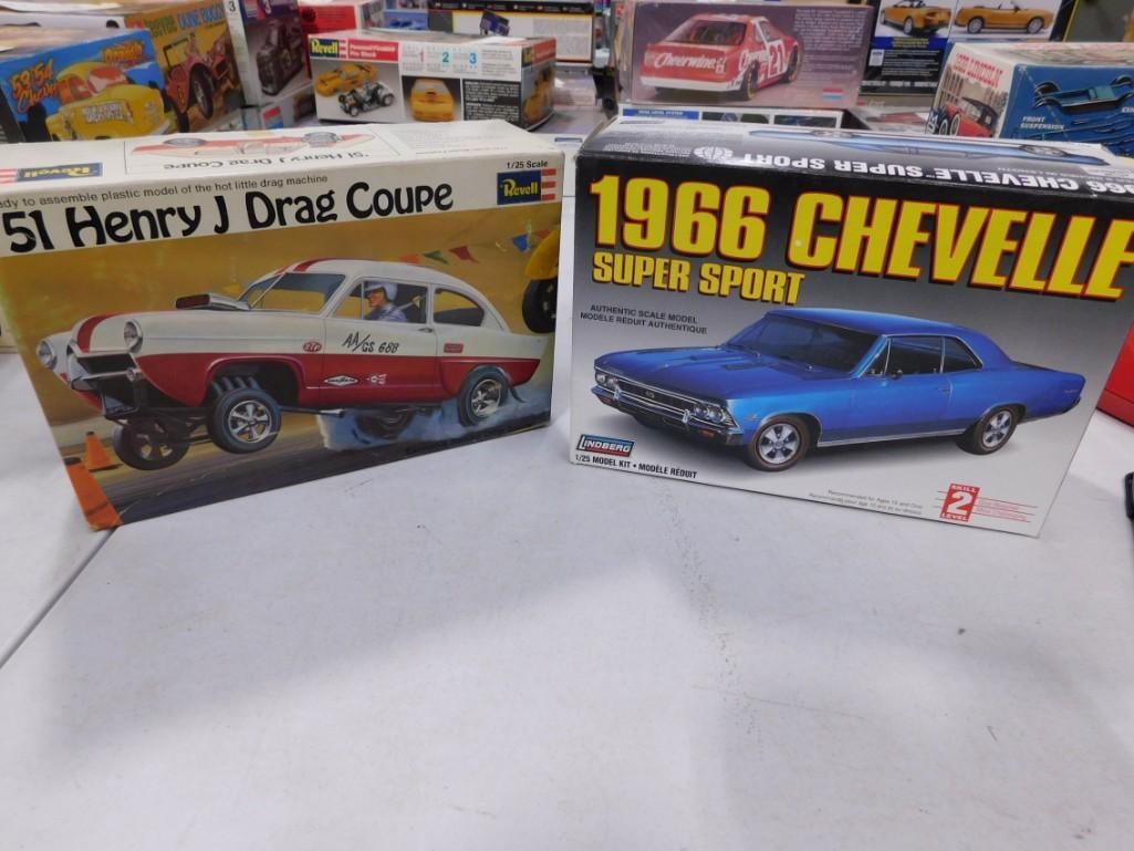 2 Car Model kits incl Lindberg 1966 Chevelle Super Sport and Revell '51 Henry J Drag Coupe (1 of 7)
