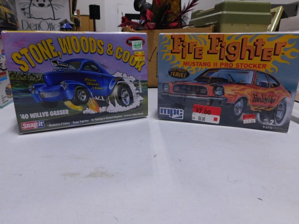2 Sealed Model Car Kits incl '40 Willys Gasser Stone, Woods & Cook, and MPC Fire Fighter Mustang II (1 of 5)