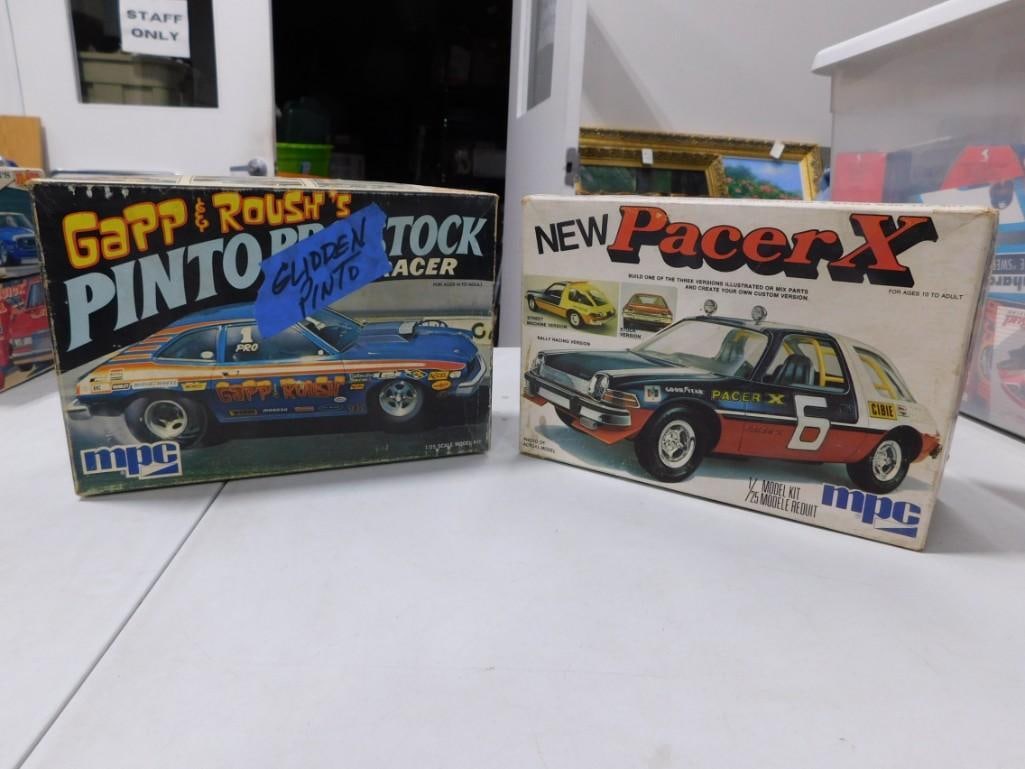2 MPC Model Car Kits incl Pacer X and Gapp & Roush's Pinto Pro Stock Racer: 2 MPC Model Car Kits incl Pacer X and Gapp & Roush's Pinto Pro Stock Racer . Both are 1/25 scale and are in open boxes. Includes everything that you see in the pictures. No stickers