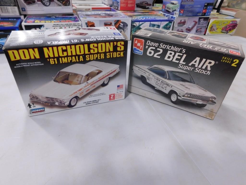 2 Model Car Kits incl Lindberg Don Nicholson's '61 Impala Super Stock and AMT Ertl Dave Strickler's: 2 Model Car Kits incl Lindberg Don Nicholson's '61 Impala Super Stock and AMT Ertl Dave Strickler's '62 Bel Air Super Stock . Both in open boxes. Includes everything that you see in th