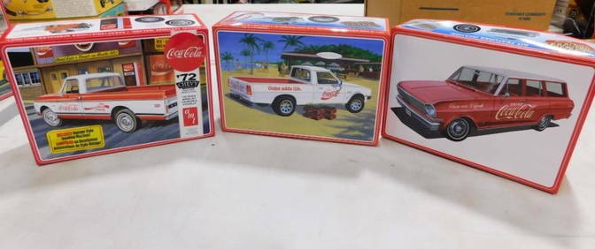3 Coca Cola Model Truck and Car Kits incl AMT '72 Chevy Fleetside, AMT 1963 Chevy II Nova Station Wa (1 of 12)