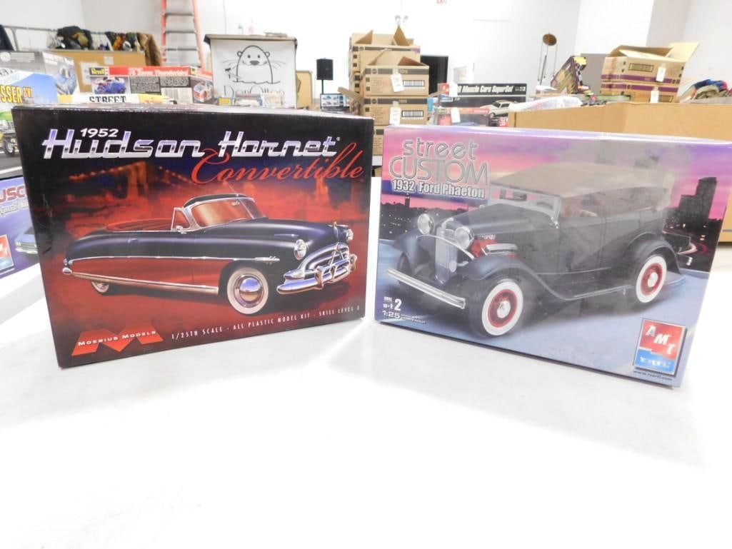 2 Model Car Kits incl Moebius Models 1952 Hudson Hornet Convertible and AMT Ertl 1932 Ford Phaeton: 2 Model Car Kits incl Moebius Models 1952 Hudson Hornet Convertible and AMT Ertl 1932 Ford Phaeton Street Custom . Both are 1:25 scale and are in open boxes. Includes everything that you see in the pi