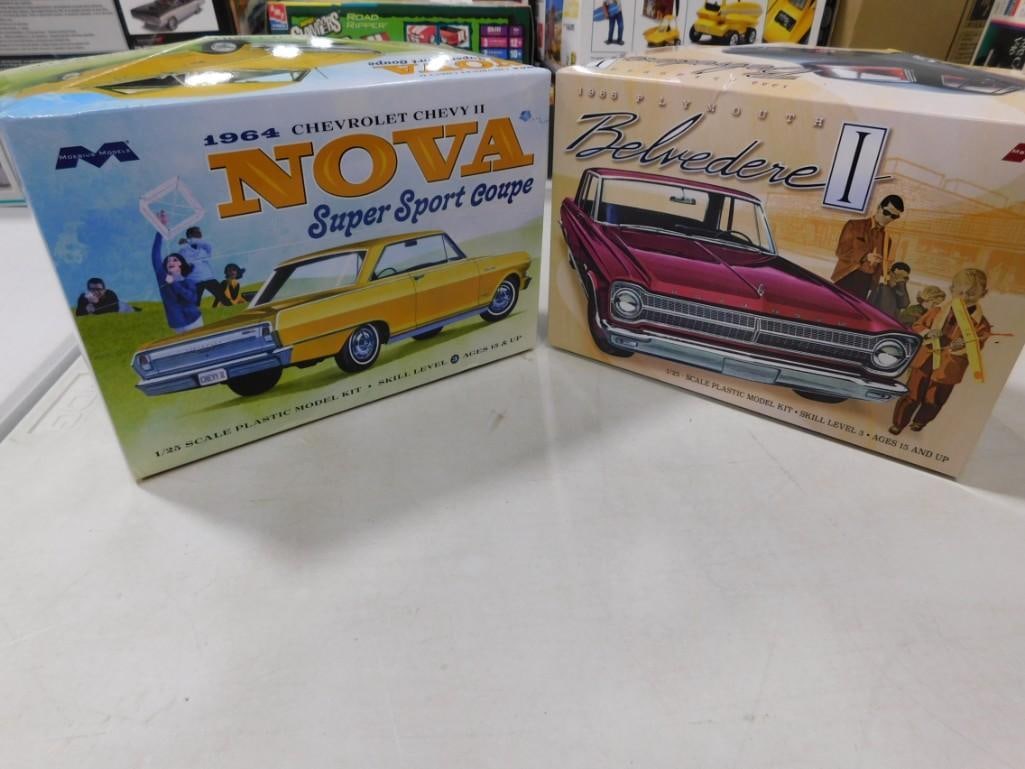 2 Moebius Models Kits incl 1964 Chevrolet Chevy II Nova Super Sport Coupe and 1965 Plymouth Belvider: 2 Moebius Models Kits incl 1964 Chevrolet Chevy II Nova Super Sport Coupe and 1965 Plymouth Belvidere . Both are in open boxes and include everything that you see in the pictures