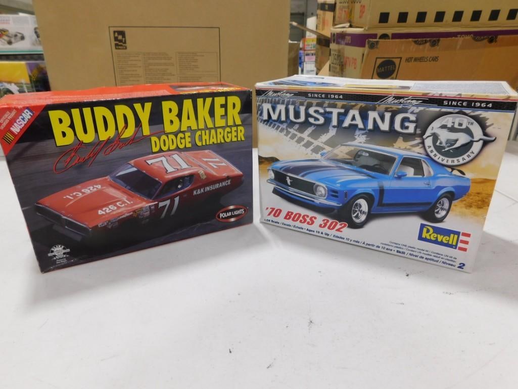 2 Model Car Kits incl Polar Lights Buddy Baker Dodge Charger and Revell '70 Boss 302 Mustang: 2 Model Car Kits incl Polar Lights Buddy Baker Dodge Charger and Revell '70 Boss 302 Mustang . Both are in open boxes and include everything that you see in the pictures