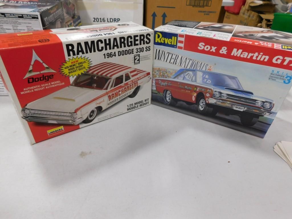 2 Model Car Kits incl Lindberg Ramchargers 1964 Dodge 330 SS and Revell Sox & Martin GTX: 2 Model Car Kits incl Lindberg Ramchargers 1964 Dodge 330 SS and Revell Sox & Martin GTX. Both are in open boxes and include everything tha tyou see in the pictures