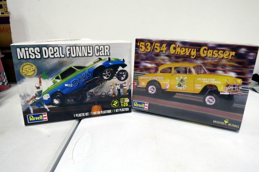 2 Revelle Model Car Kits incl Miss Dal Funny Car and '53/54 Chevy Gasser: 2 Revelle Model Car Kits incl Miss Dal Funny Car and '53/54 Chevy Gasser. Both are in open boxes. Includes everything that you see in the pictures