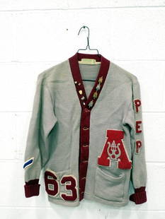 Vintage Antioch Sequoits High School Sweater with Pins and Patches Class of 1963: Vintage Antioch Sequoits High School Sweater with Pins and Patches Class of 1963 (presumably)