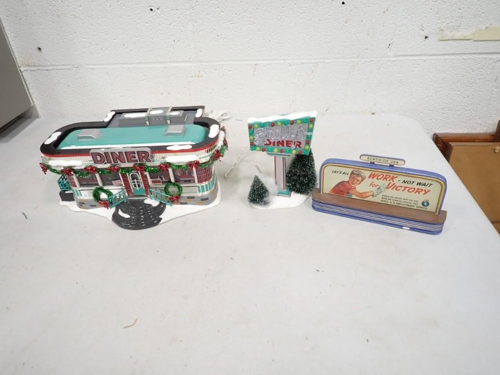 Dept. 56 "Shelly's Diner" Original Snow Village and A Small Billboard Sign: Department 56 "Shelly's Diner" Original Snow Village and A Lefton Small Billboard Sign