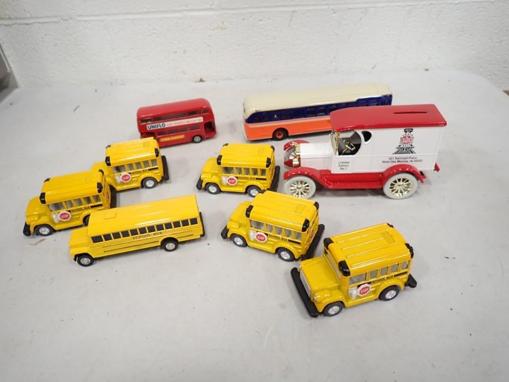 Lot of assorted Toy Vehicles including School Buses, Double Decker Bus, etc. (1 of 9)