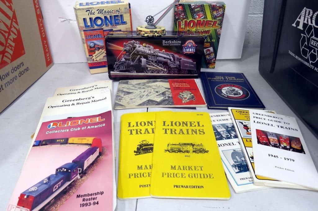 Lionel Lot including Price Guides, Movies, Collectors club, Tin, etc.: Lionel Lot including Price Guides, Movies, Collectors club, Tin, etc.