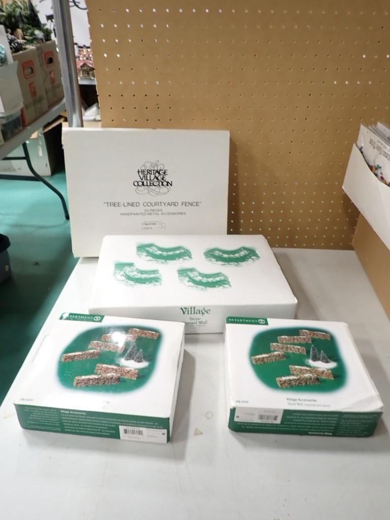 Lot of Dept. 56 Accessories - Stone Carved Wall, Tree-Lined Courtyard Fence (1 of 6)