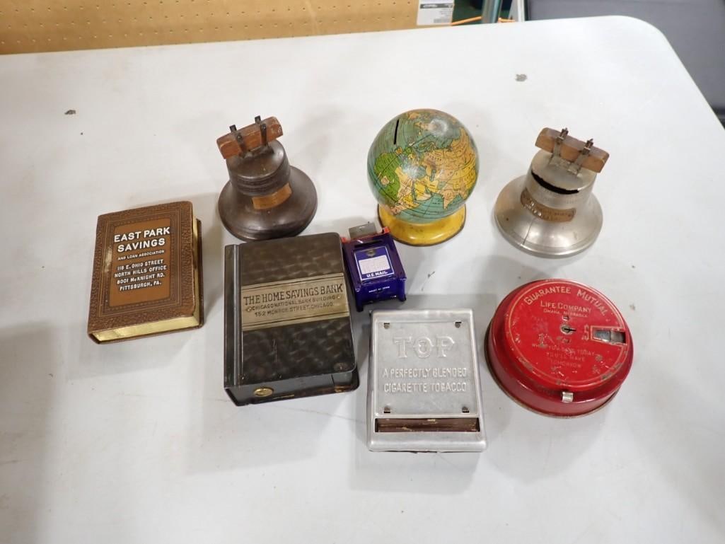 Lot of Vintage Coin Banks / Advertising - some are locked with no keys: Lot of Vintage Coin Banks / Advertising - some are locked with no keys. Also a cigarette roller.