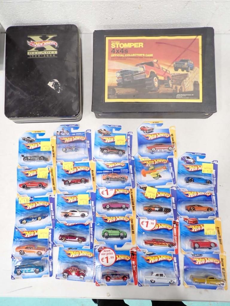 24 Hot Wheels Cars and Vehicles New in Package, a Hot Wheels X Decades Tin, Schaper Stomper Case wit (1 of 11)