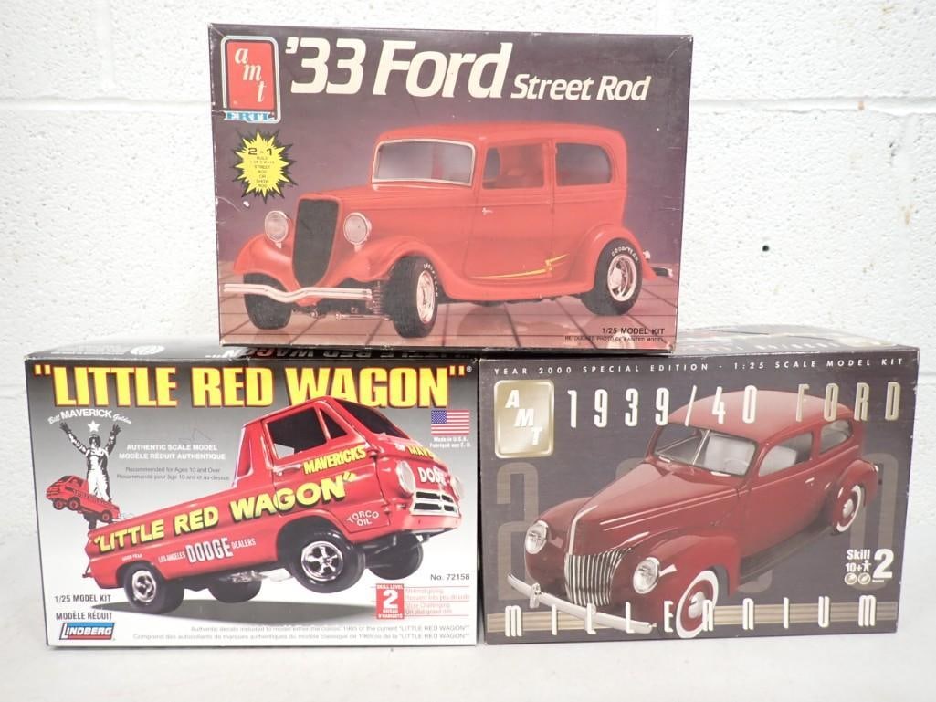 3 Model Car Kits incl Lindberg Little Red Wagon, AMT 1939/40 Ford Millennium, AMT Ertl: 3 Model Car Kits incl Lindberg Little Red Wagon, AMT 1939/40 Ford Millennium, AMT Ertl '33 Ford Street Rod. All are in open boxes and include everything that you see in the pictures