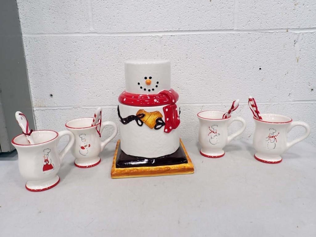 4 Williams Sonoma Snowman Mugs and 2019 Ganz The Original S'mores Cookie Jar (1 of 8)