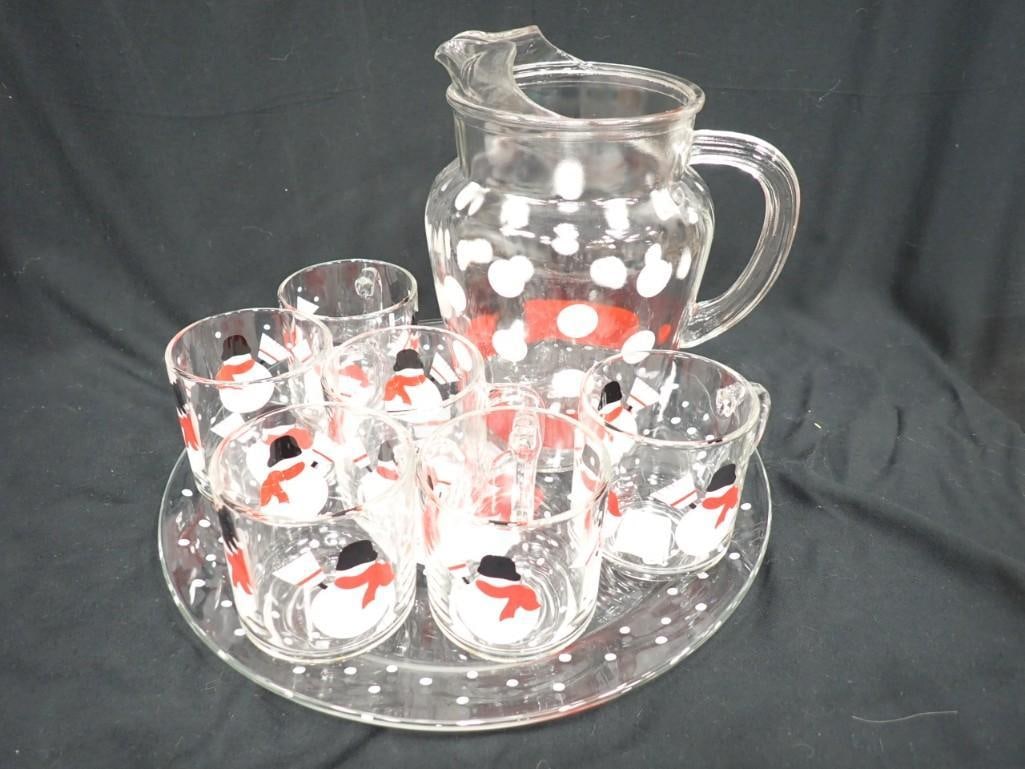 Vintage Polka Dot Glass Pitcher, 6 Luminarc Snowman Glass Mugs, and a Snowman Platter: Vintage Polka Dot Glass Pitcher with a red stripe, 6 Luminarc Snowman Glass Mugs, and a Snowman Platter