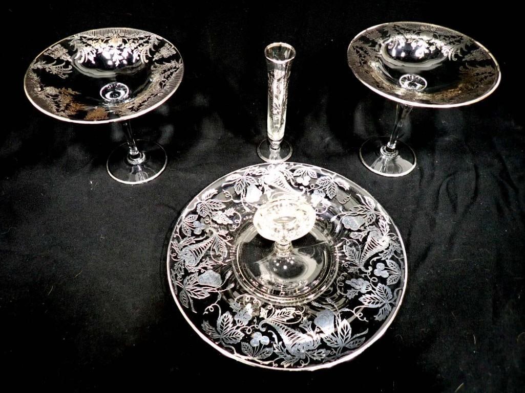 Glass with Silver Overlay incl 2 Pedestal Bowls, Tidbit Tray with Center Handle, Bud Vase (1 of 5)