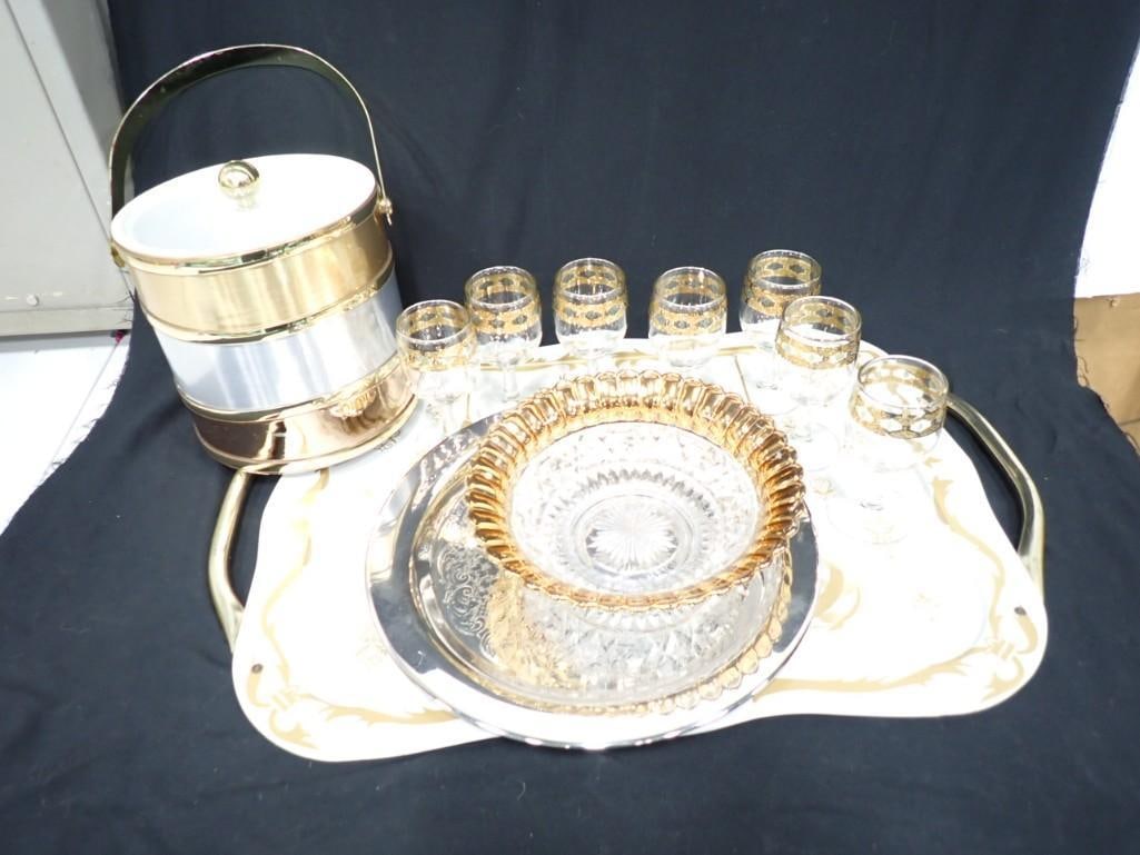 MCM Lot incl 7 Culver Valencia Wine Glasses, Lg Lucite Serving Tray with Handles: MCM Bar Lot incl 7 Culver Valencia Wine Glasses, Lg Lucite Serving Tray with Handles, 1 gold rimmed bowl, 1 trifooted silverplate tray, 1 Sheltonware tricolor ice bucket Hollywood regency style